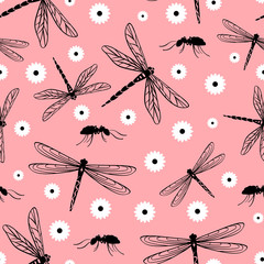 Nature seamless pattern with insects and chamomile.Vector illustration.