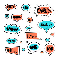 Set of comic speech bubbles. Vector illustration on a white background. Colored speech bubbles with words and phrases. Icons for communication and thoughts.