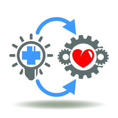 Light bulb with medicine cross pointing a round arrow to gear mechanism with heart icon vector. Medical or Pharmacy Implementation Logo.