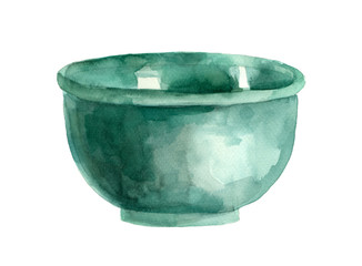 Vintage blue bowl, rustic kitchen utensils. Isolated objects on a white background. Retro style dishes, watercolor drawing in classic style, painting. Icons, elements for menu design, recipe book