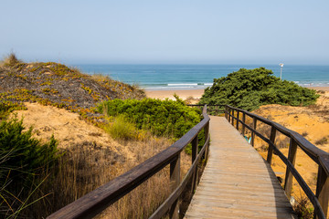 Fototapeta na wymiar Wooden walkway that gives access to La Barrosa beach in Sancti Petri, Cadiz