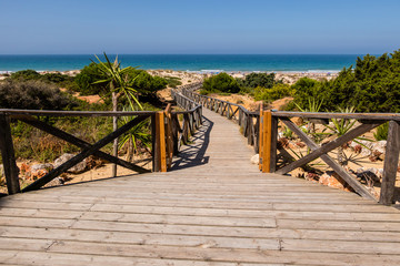 Obraz premium Wooden walkway that gives access to La Barrosa beach in Sancti Petri, Cadiz
