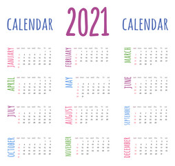 2021 calendar schedule in modern kids colored style