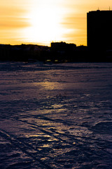 winter morning ice and snow and bright sun