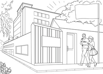 A woman and a man go to the factory. Sketch. Coloring pages. Outline image.
