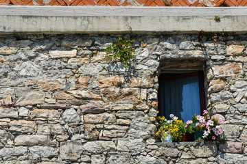 Close-up of an old stone wall with potted flowering plants on a little window, Italyly