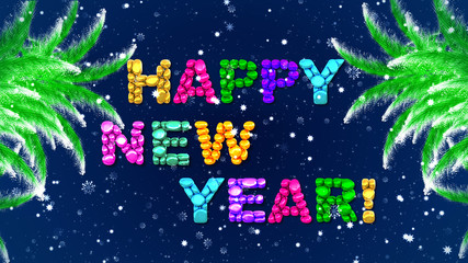 Winter background with 3d rendering with wishes of happy new year with letters which filling with balloons