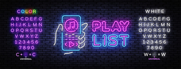 Playlist Neon sign Vector. Music Playlist neon poster, design template, modern trend design, night signboard, night bright advertising, light banner, light art. Vector. Editing text neon sign