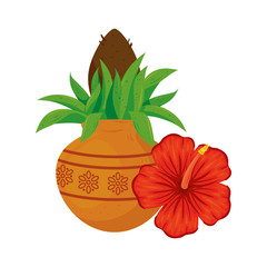 kalash with hibiscus flower, in white background vector illustration design
