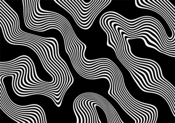 Trendy black and white abstract background of white swirling parallel lines on a black background. Vector illustration