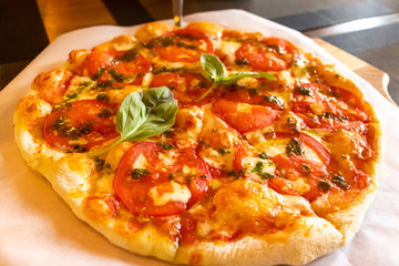 Food pizza margarita with basil with tomato sauce fast food 