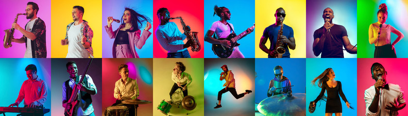 Collage of portraits of 14 young emotional talented musicians on multicolored background in neon...