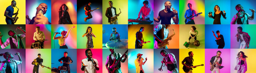 Collage of portraits of 17 young emotional talented musicians on multicolored background in neon...