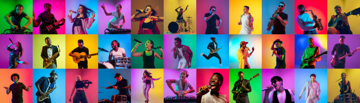 Collage of portraits of 21 young emotional talented musicians on multicolored background in neon light. Concept of human emotions, facial expression, sales. Playing guitar, singing, dancing, jumping.