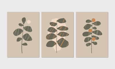 Set of 3 modern aesthetic posters for home decor, invitation, greeting card designs. Abstract minimalist illustrations with hand drawn plants, geometric shapes.