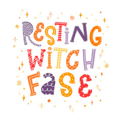 Colorful lettering quote for Halloween 'Resting witch face' decorated with stars on white background. Greeting card, poster, baby print, banner, sign, etc. Festive typography phrase.