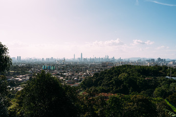 View from a hill of a city with the skyscrapers in the background