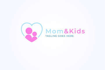 Mom and Kids logo, illustration of heart, mom and kid in light blue and pink, symbol of love vector illustration logo template