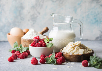 Baking ingredients  on white background. Cooking, bakery, pastry or cookie dough ingredients