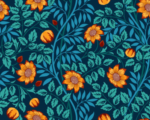 Vintage floral seamless pattern with orange flowers and foliage on dark blue background. Vector illustration. - obrazy, fototapety, plakaty