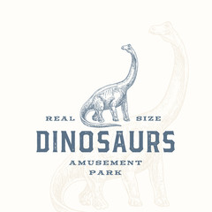 Real Size Dinosaurs Amusement Park Abstract Sign, Symbol or Logo Template. Hand Drawn Brontosaurus Reptile with Premium Typography and Background. Stylish Vector Emblem Concept. © createvil