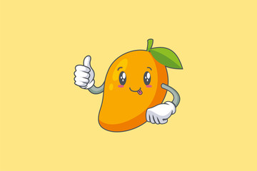 DUMB, FUNNY, TONGUE, cheerful Face Emotion. Thumb Up Hand Gesture. Yellow Mango Fruit Cartoon Drawing Mascot Illustration.