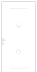 An Image of timber decorative door leaves in 2D Architectural CAD drawing. Comes with a variety of attractive designs. Comes with metal door frames and ironmongery. Drawing in black and white. 
