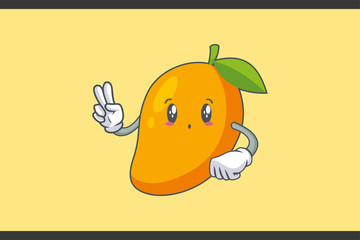 UH , OH, GASP Face Emotion. Peace Hand Gesture. Yellow Mango Fruit Cartoon Drawing Mascot Illustration.