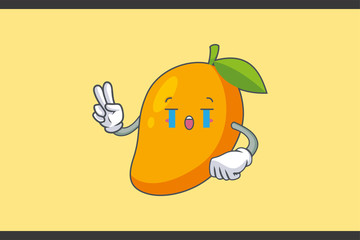 CRYING, SAD, SOB, CRY Face Emotion. Peace Hand Gesture. Yellow Mango Fruit Cartoon Drawing Mascot Illustration.