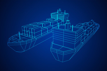 Heavy dry cargo ship of bulk carrier with freight containers. Wireframe low poly mesh vector illustration.