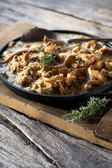 Fried chanterelle mushrooms with onions or stew on wooden background. Selective focus.