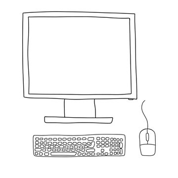 Monitor, keyboard and mouse in Doodle style.Workplace,office equipment.Design elements on the theme of remote office, online training. Hand drawn and isolated on white. Black-white vector illustration
