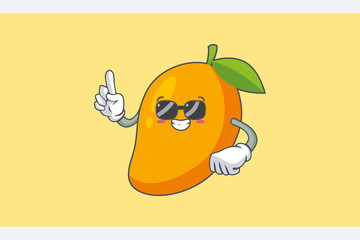 RELAXED, GLASSES, COOL Face Emotion. Forefinger Hand Gesture. Yellow Mango Fruit Cartoon Drawing Mascot Illustration.