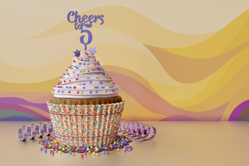 3D rendering of cupcake, text Cheers to 5 on a topper, orange background