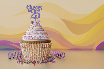3D rendering of cupcake, text Cheers to 25 on a topper, orange background
