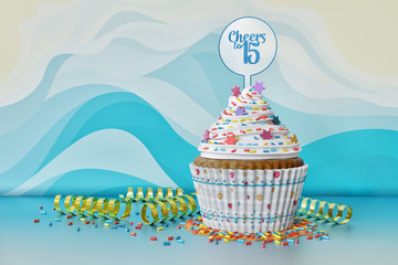 3D rendering of cupcake, text Cheers to 15 on a topper, light blue background