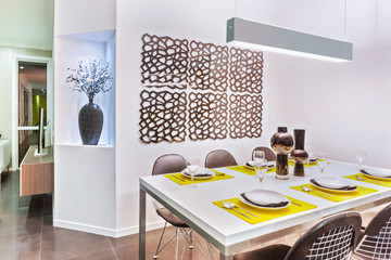 Trendy modern dining room and dinner table