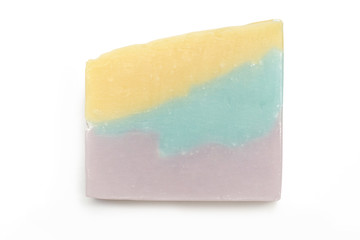 Handmade soap bar with isolated on white background, close up. Homemade toxic-free natural organic cosmetic	