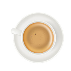Black coffee americano, cappuccino with foam, in white cup and saucer, top view, vector drink. - obrazy, fototapety, plakaty