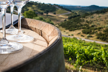 closeup wine glasses on a barrel in a vineyard