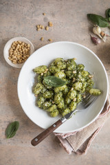 Italian food: homemade gnocchi with pesto sauce Parmesan and basil on concrete  table