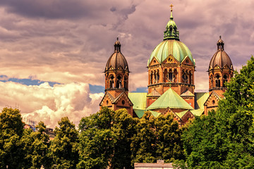 MUNICH,GERMANY - JULY 25,2020:Steinsdorfstrasse This is the the famous and big St. Lukas church...