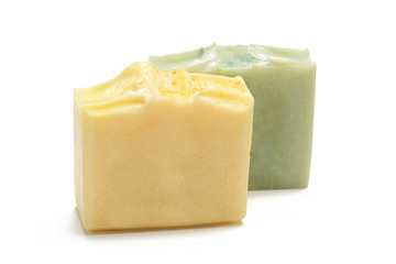 Handmade soap bars isolated on white background. Homemade toxic-free natural organic cosmetic