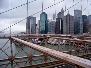 Naklejka premium View of Manhattan financial district from the Brooklyn Bridge, Manhattan, NYC