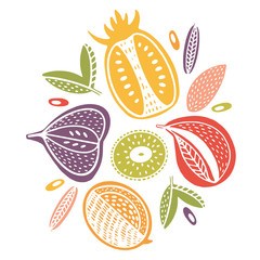 Vector cartoon fruit isolated on white background. Pomegranate,pear, mango, Fig, Passion, isolated on white background. Great for fabric, textile, wrapping paper and card. 