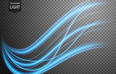 Abstract blue wavy line of light with a transparent background, isolated and easy to edit. Vector Illustration