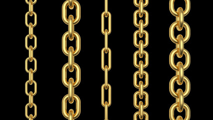 Rows of various gold chains isolated on black background. 3D illustration