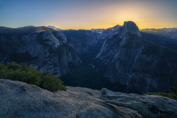 half dome from glacier point in yosemite national park at sunrise