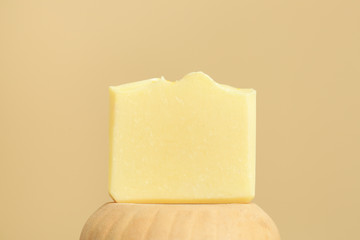 Handmade castile soap bar  close up. Homemade toxic-free natural organic cosmetic.