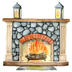 Watercolor hand painted fireplace, isolated on white